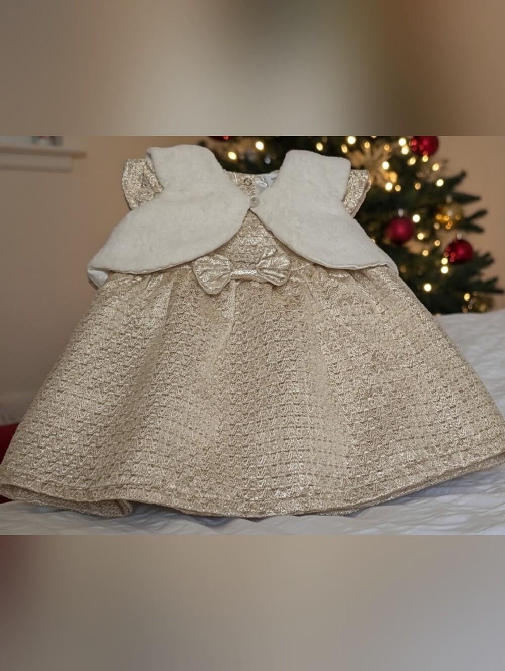 Gold Sparkle Infant Dress with Ivory Vest
